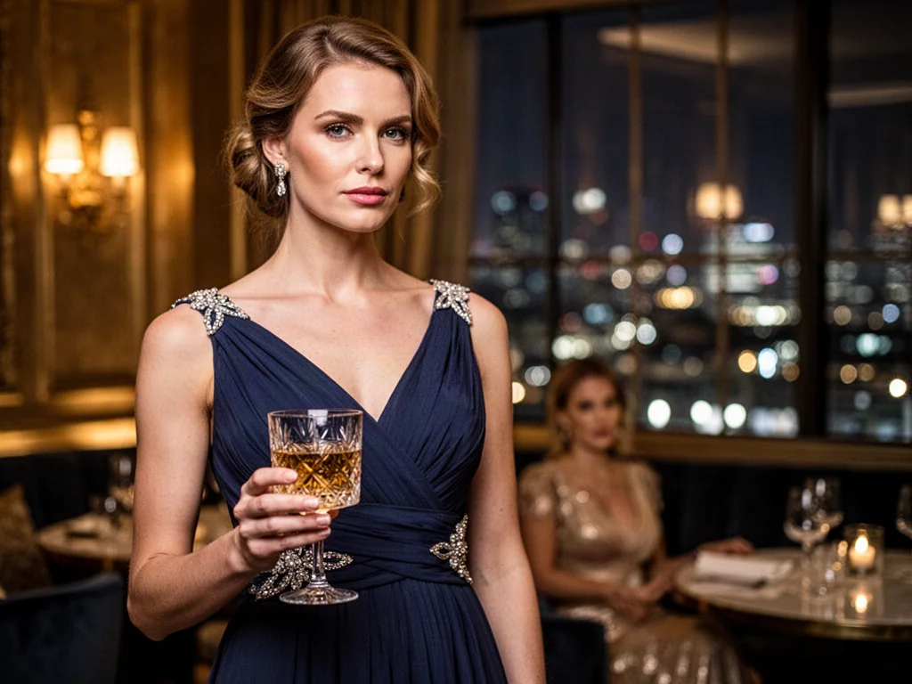 Elegancka kobieta w koktajlowej sukni trzymająca kieliszek w nastrojowym, luksusowym wnętrzu.