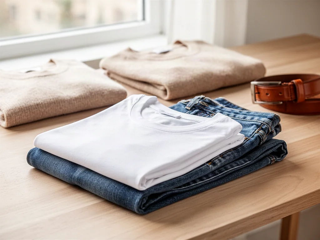 Zestaw ubrań w stylu basic: biały T-shirt, jeansy, beżowy sweter i skórzany pasek na drewnianym tle.