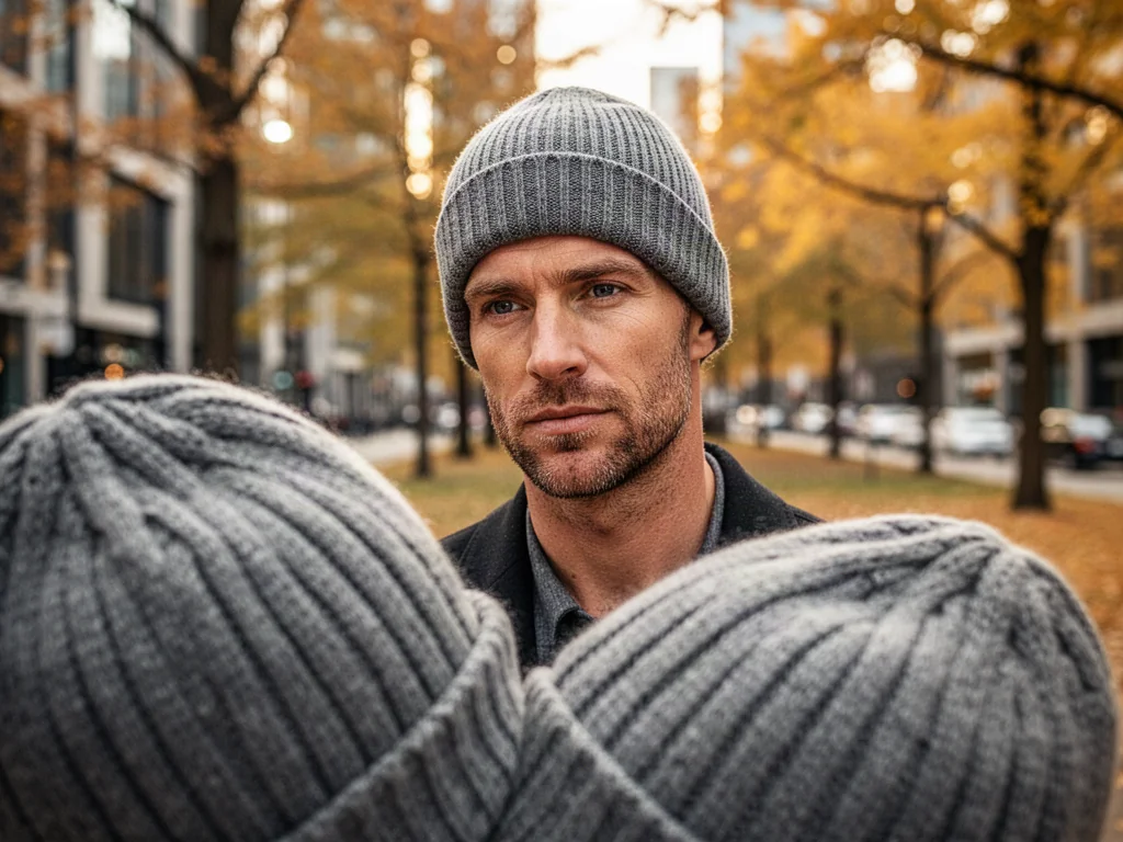 Mężczyzna w modnej czapce typu beanie na tle jesiennego parku, prezentujący stylizację z użyciem popularnego nakrycia głowy.