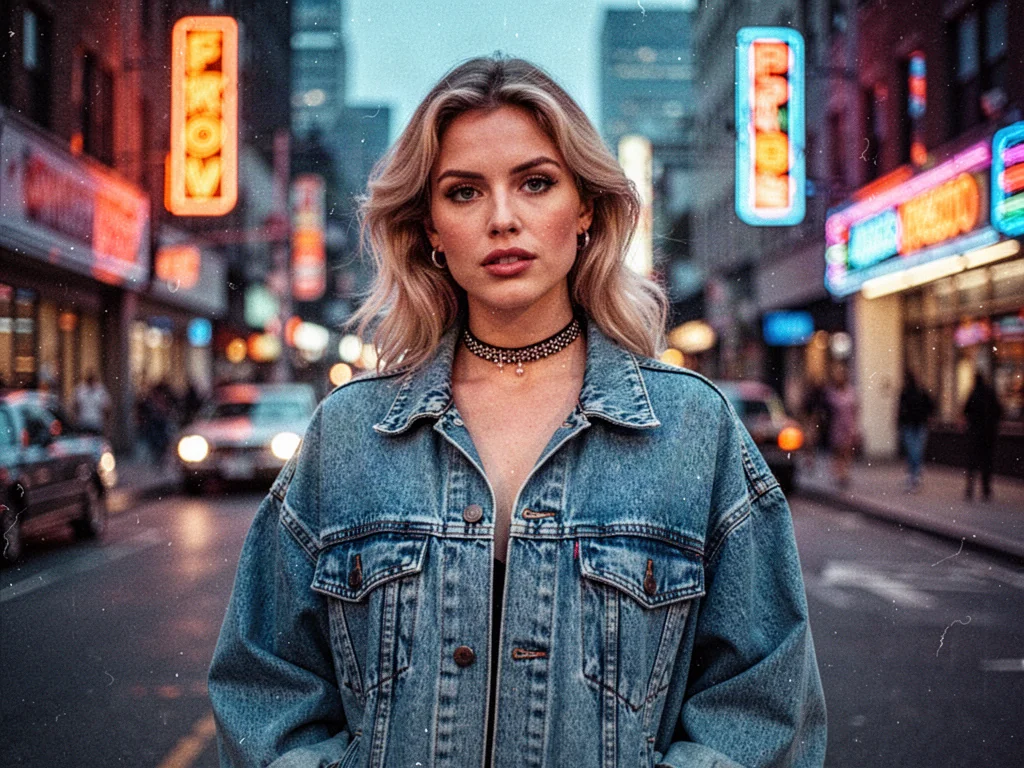 Kobieta w stylu lat 90. ubrana w jeansową kurtkę i choker, na tle miejskiego krajobrazu z neonami.