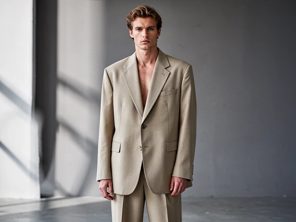 Osoba w beżowym garniturze o kroju oversize na minimalistycznym tle, prezentująca stylizację typu unisex.